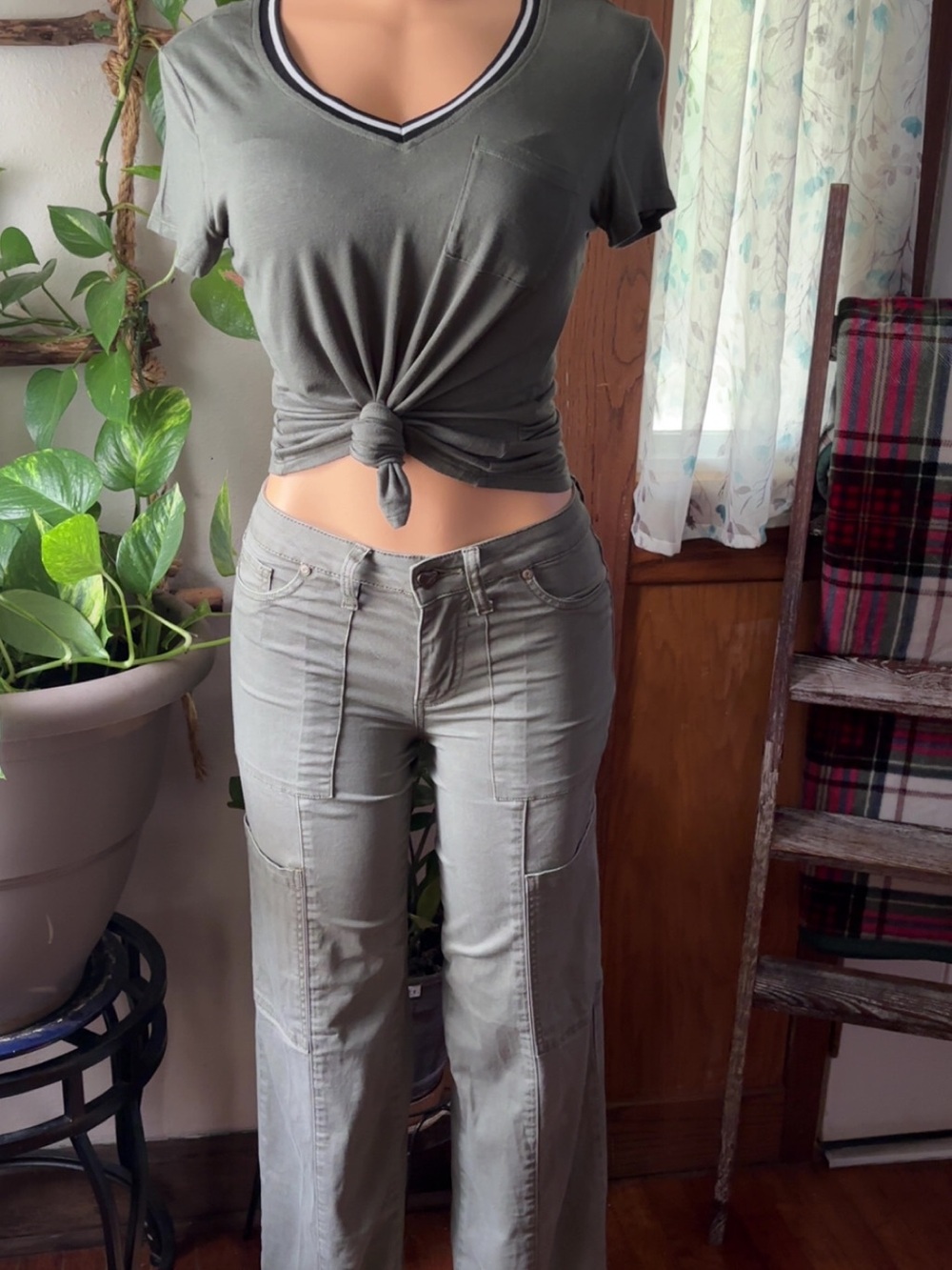 Olive V-Neck Knot Front Tee with Cargo Pants Set